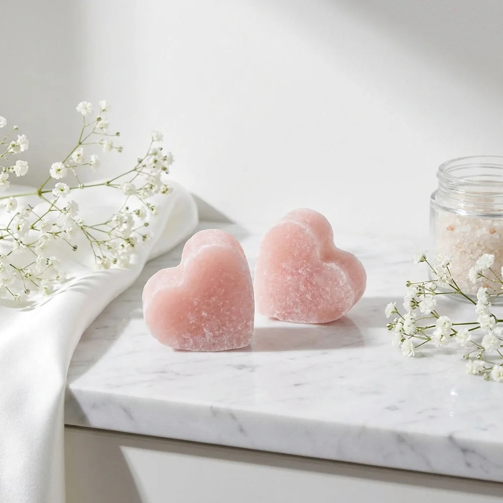 Carrés d'Ambre Lys Coeur 50g ByBazz savons roses sur marbre ambiance spa luxe