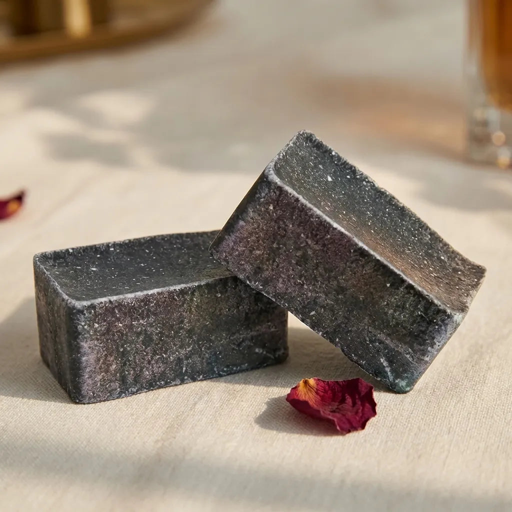 Carrés d'Ambre Musc Noir ByBazz 50g sur surface lin crème avec éclairage studio
