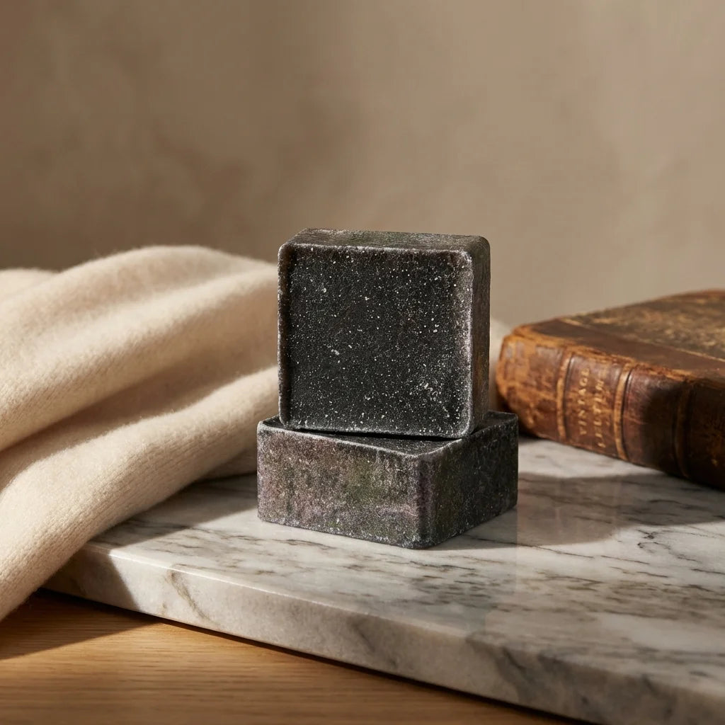 Carrés d'Ambre Musc Noir ByBazz 50g empilés sur marbre, ambiance luxe minimaliste