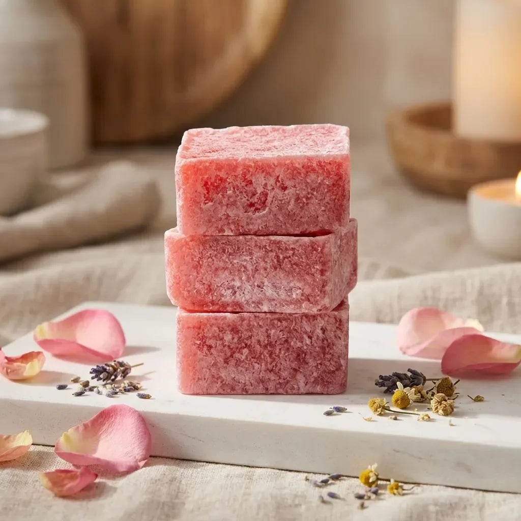 Carrés d'Ambre Sweet Pink ByBazz 50g empilés sur surface blanche minimaliste