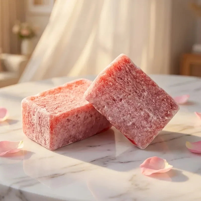 Carrés d'Ambre Sweet Pink ByBazz 50g sur marbre blanc avec pétales de roses