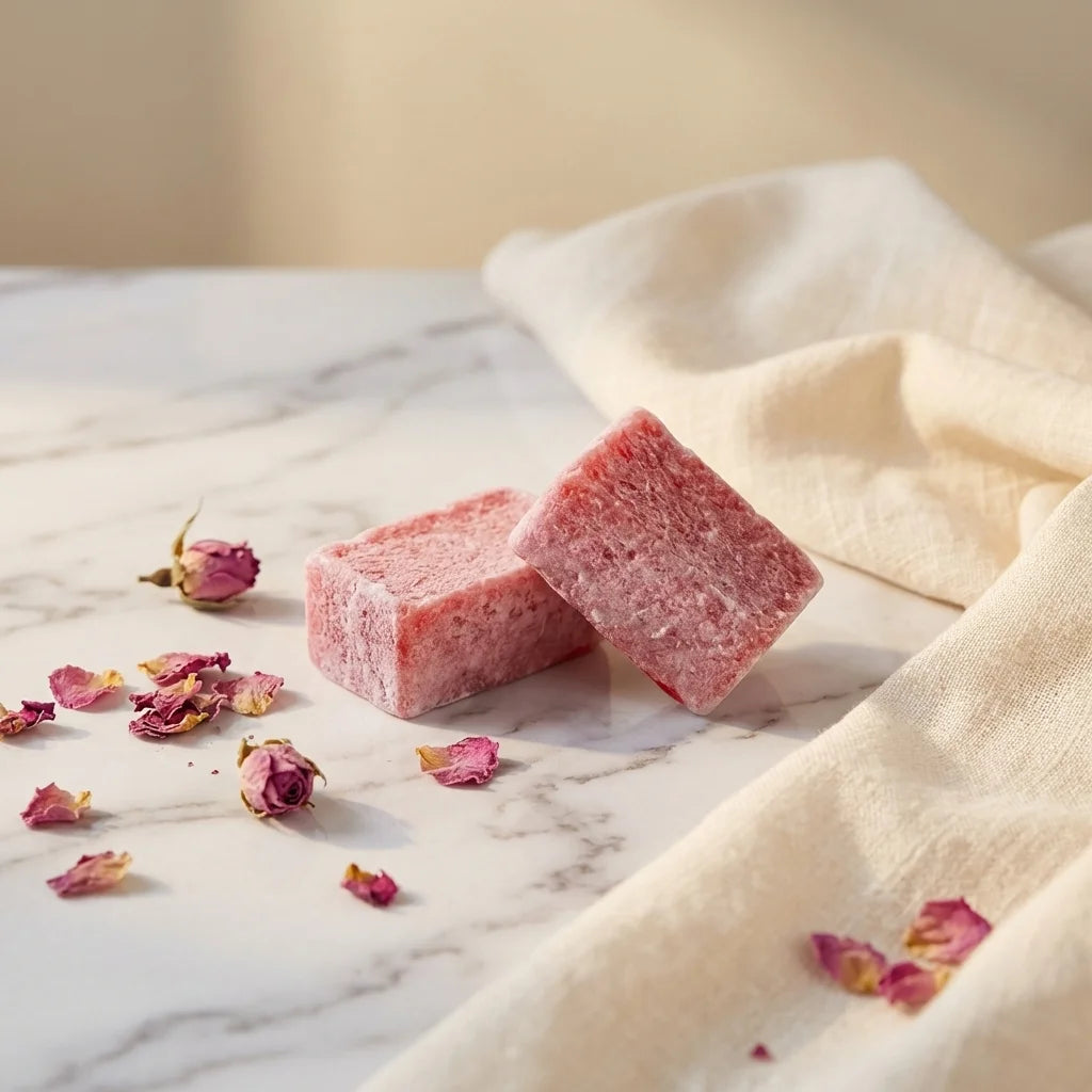 Carrés d'Ambre Sweet Pink ByBazz 50g sur marbre avec pétales roses séchés
