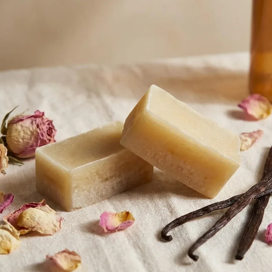 Carrés d'Ambre Vanille ByBazz avec pétales de rose et gousses de vanille sur lin