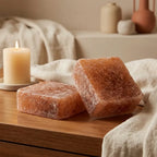 Carrés fondants ambre HomeBreeze 50g sur surface en bois avec décoration intérieure cosy