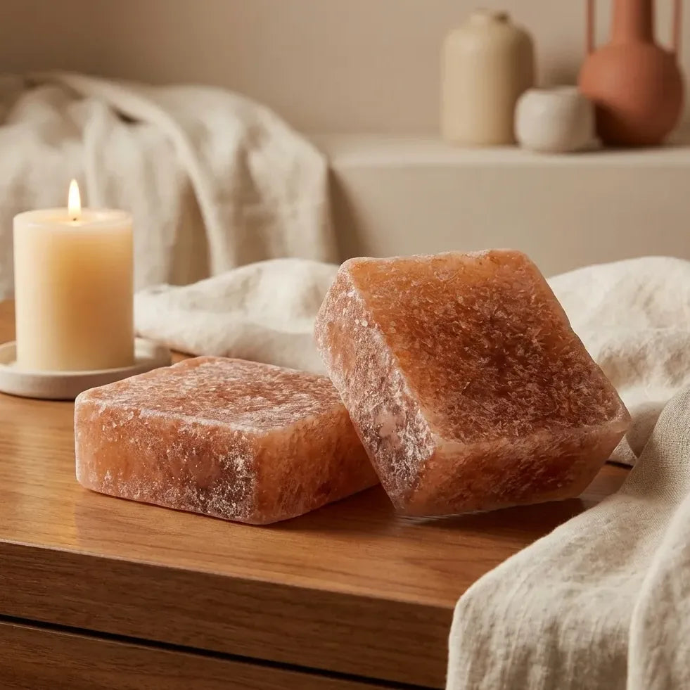 Carrés fondants ambre HomeBreeze 50g sur surface en bois avec décoration intérieure cosy