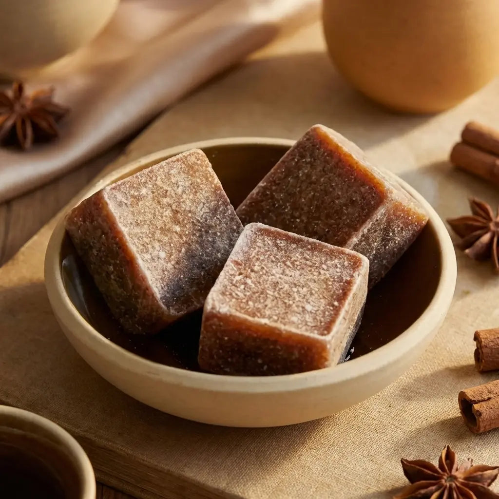 Carrés fondants ambre HomeBreeze 50g dans bol céramique, éclairage studio professionnel