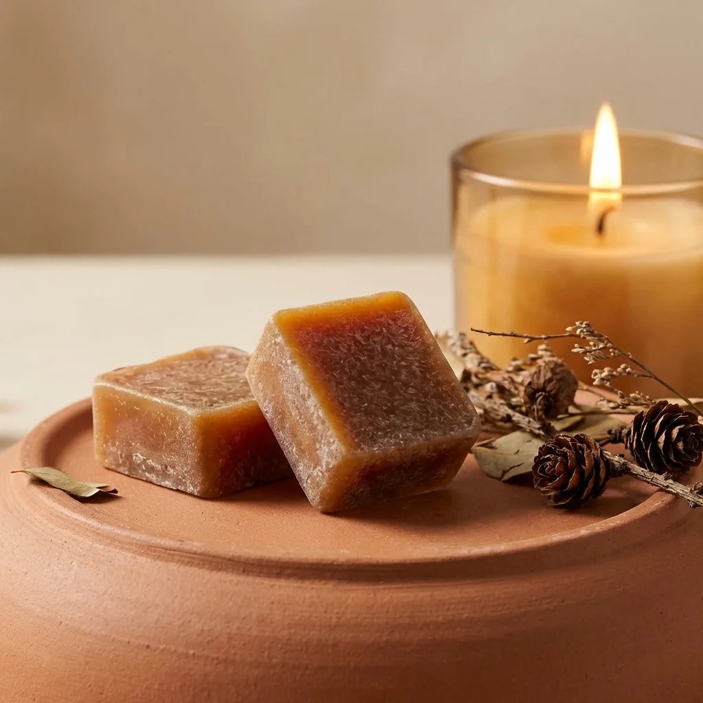 Carrés Fondants Ambre HomeBreeze 50g sur surface terracotta avec bougie allumée