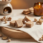 Carrés fondants bois de santal HomeBreeze sur lin crème avec éclairage studio chaud