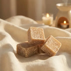 Carrés fondants Bois de Santal HomeBreeze 50g avec bougies sur tissu crème