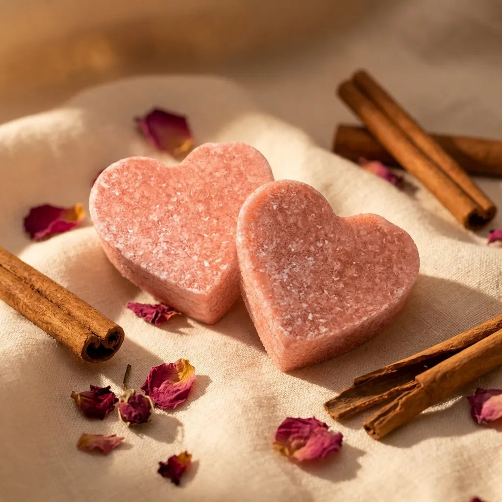 Carrés fondants cannelle cœur ByBazz rose sur lin crème avec bâtons cannelle