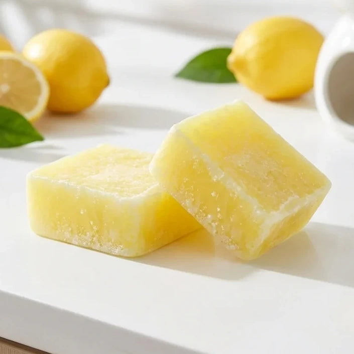 Carrés fondants citron HomeBreeze 50g jaunes translucides sur surface blanche