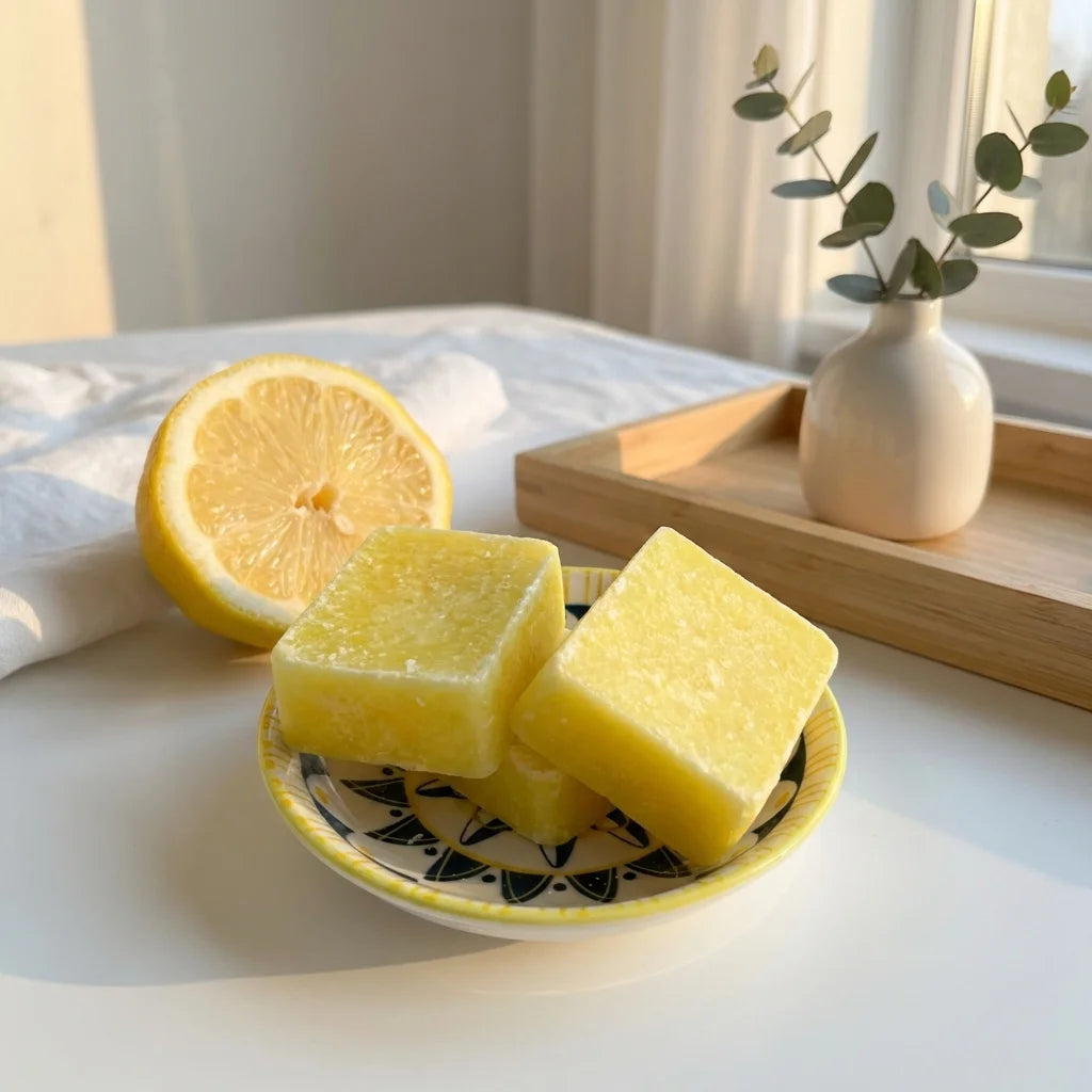 Carrés fondants citron HomeBreeze 50g jaunes sur soucoupe céramique avec citron frais