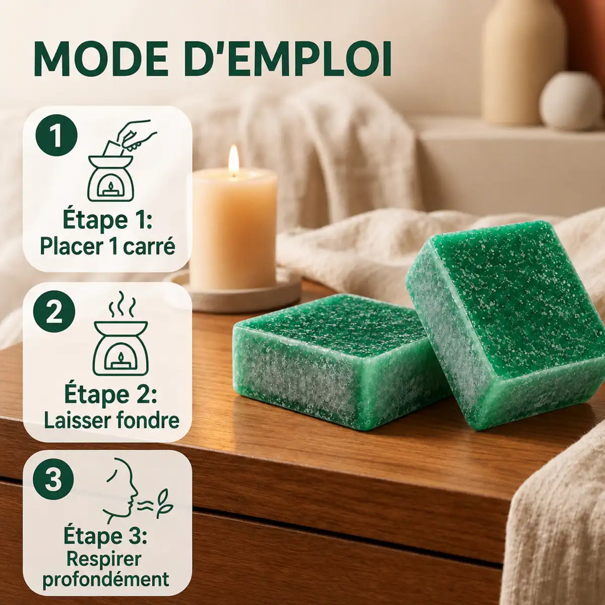 Carrés fondants eucalyptus HomeBreeze 2x25g avec mode d'emploi sur surface bois
