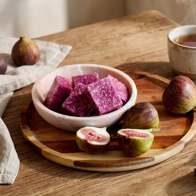 Carrés fondants figue HomeBreeze 50g sur bois avec figues fraîches et thé