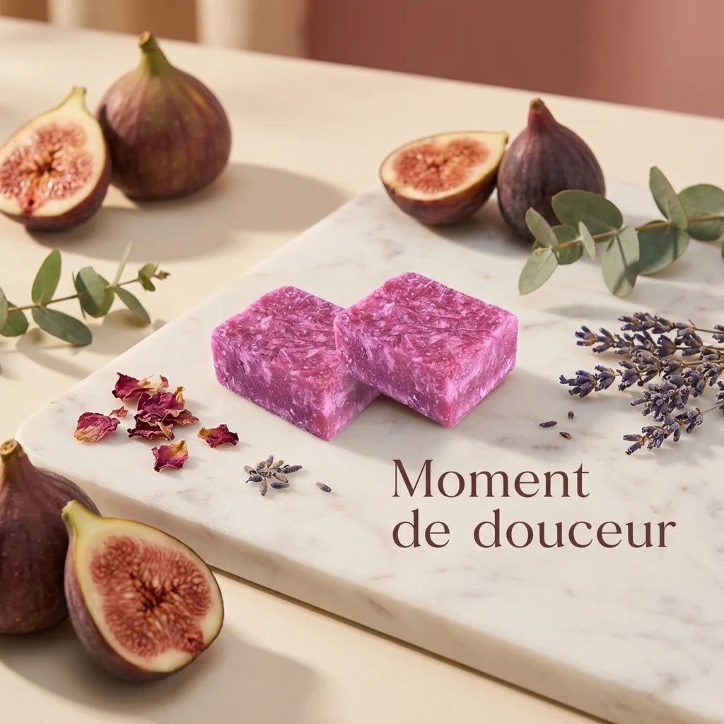 Carrés fondants figue HomeBreeze 50g sur marbre avec figues et fleurs séchées