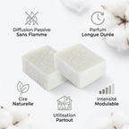 Carrés fondants fleur de coton HomeBreeze 50g avec avantages : sans flamme, parfum longue durée, cire naturelle, intensité modulable