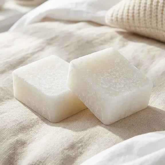 Carrés fondants Fleur de Coton HomeBreeze sur tissu lin dans chambre lumineuse
