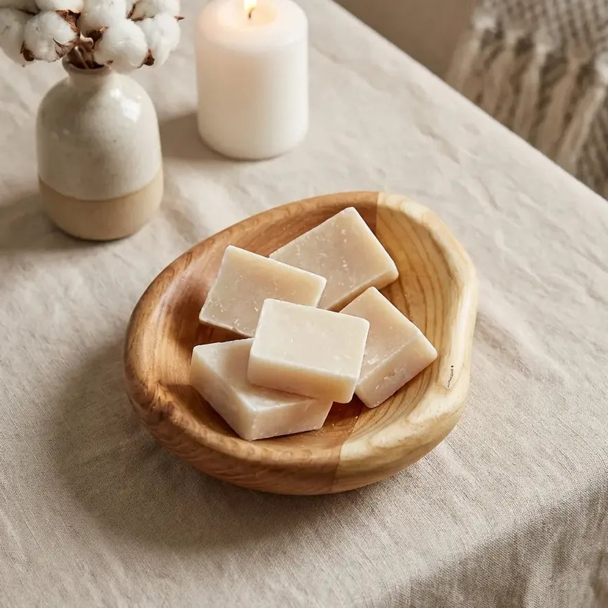 Carrés fondants Fleur de Coton HomeBreeze 50g sur assiette bois, ambiance Scandinavie minimaliste