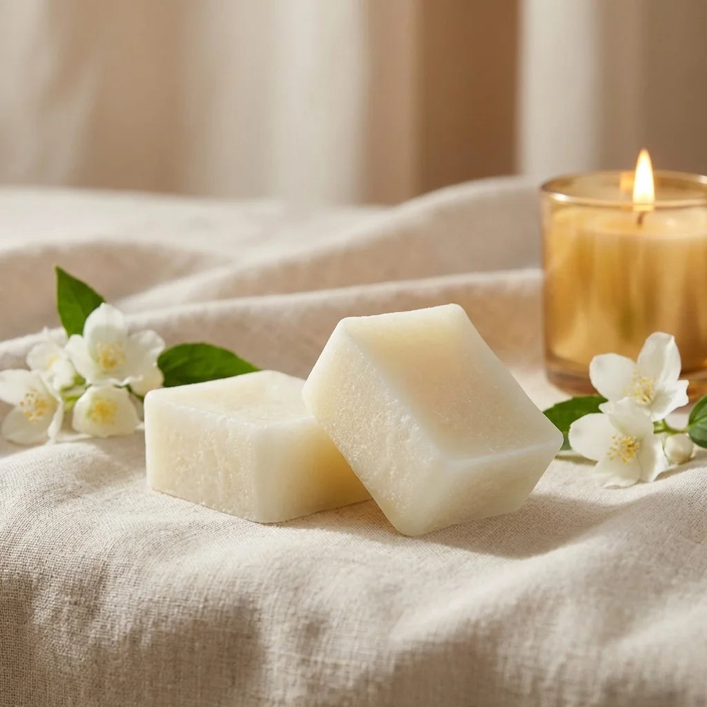 Carrés Fondants Jasmin HomeBreeze 50g avec fleurs de jasmin et bougies allumées