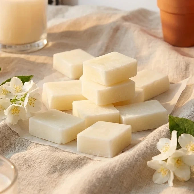 Carrés Fondants Jasmin HomeBreeze 50g avec fleurs et bougie allumée