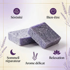 Carrés fondants lavande HomeBreeze 50g avec infographie bénéfices bien-être et relaxation