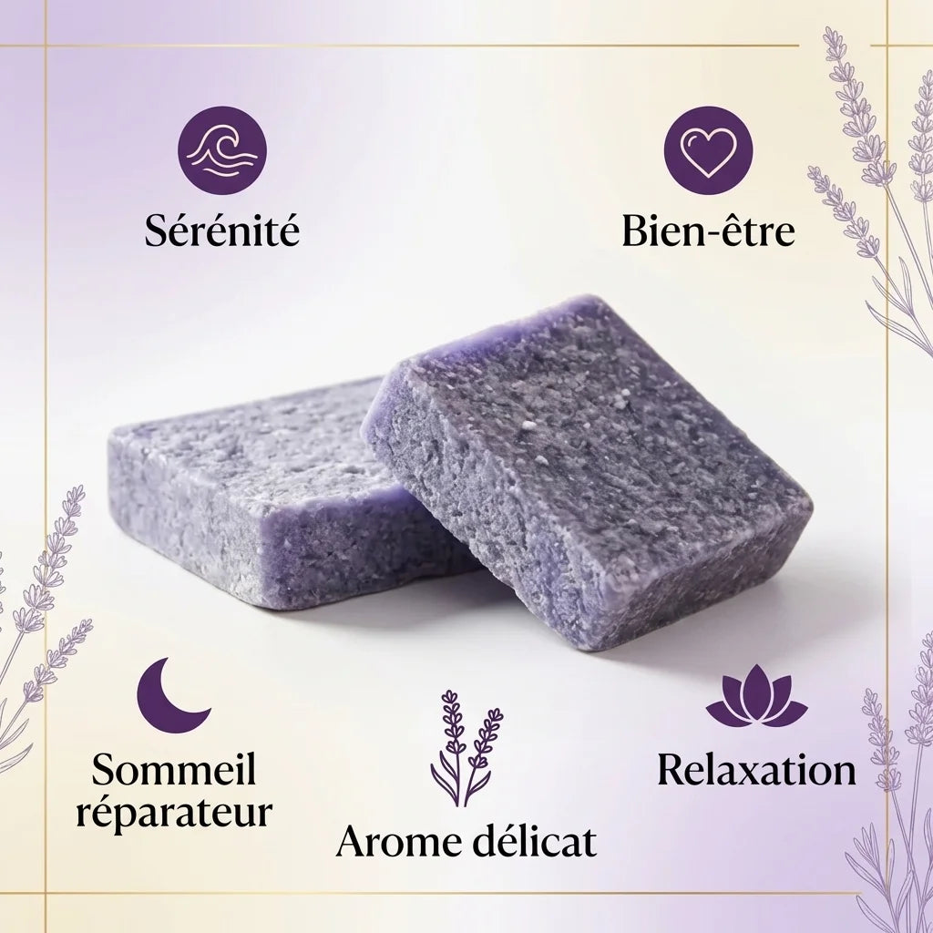 Carrés fondants lavande HomeBreeze 50g avec infographie bénéfices bien-être et relaxation
