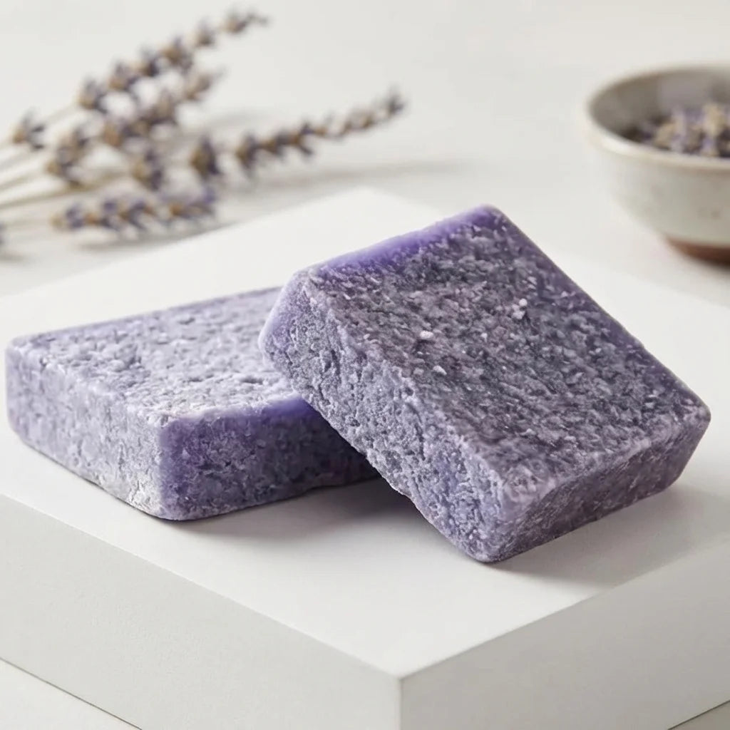 Carrés fondants lavande HomeBreeze 50g - savons violets texturés sur fond blanc