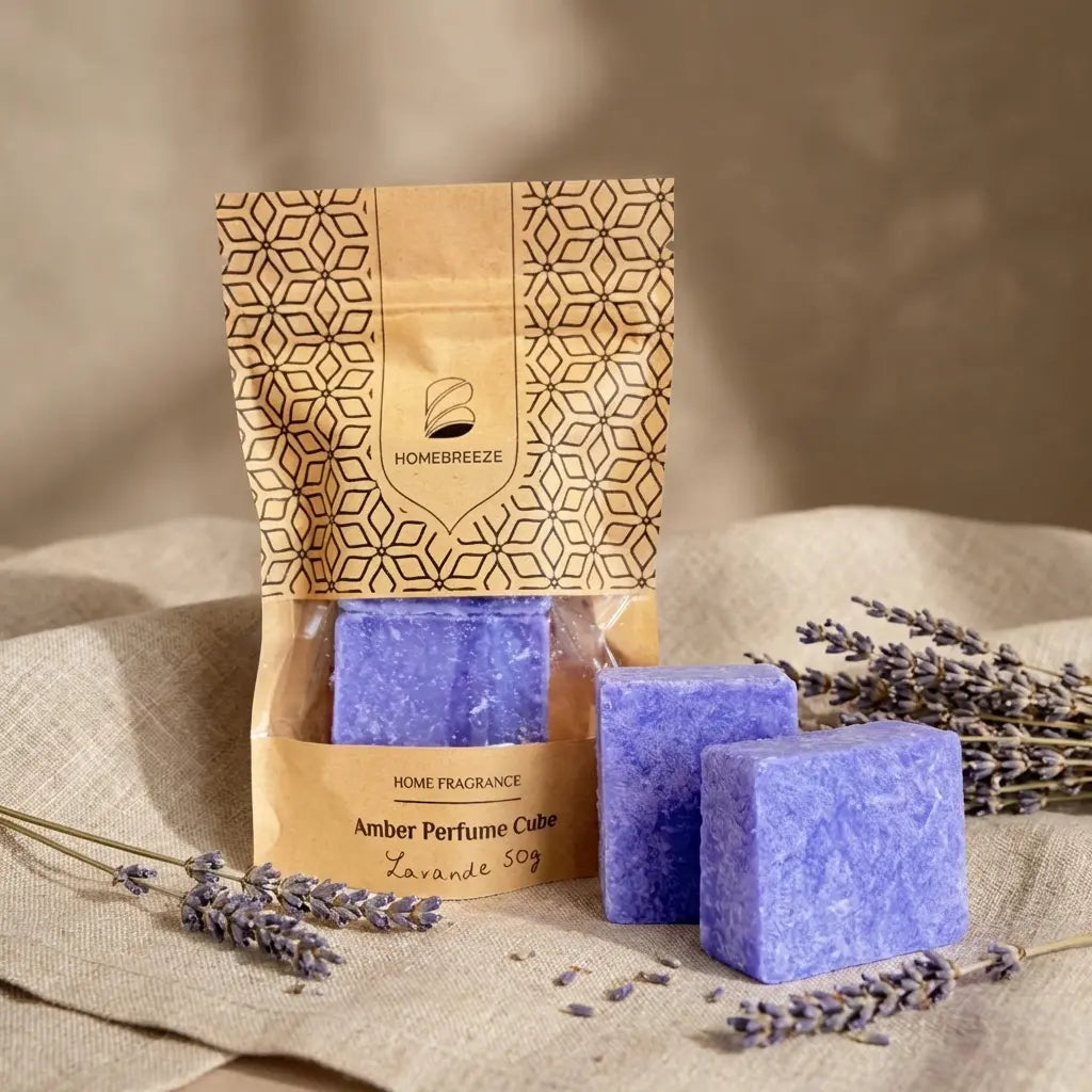 Carrés fondants lavande HomeBreeze 50g avec emballage kraft et fleurs séchées