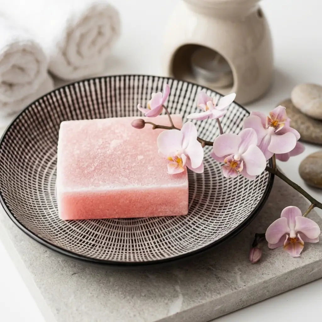 Carrés fondants orchidée rose HomeBreeze 50g dans bol noir avec fleurs orchidées