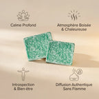 Carrés fondants patchouli HomeBreeze 50g avec icônes bénéfices bien-être sur fond minimaliste