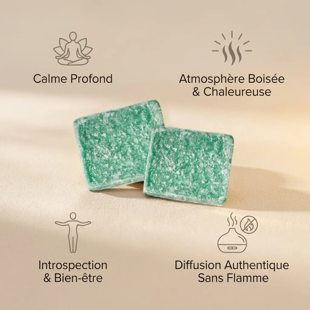 Carrés fondants patchouli HomeBreeze 50g avec icônes bénéfices bien-être sur fond minimaliste
