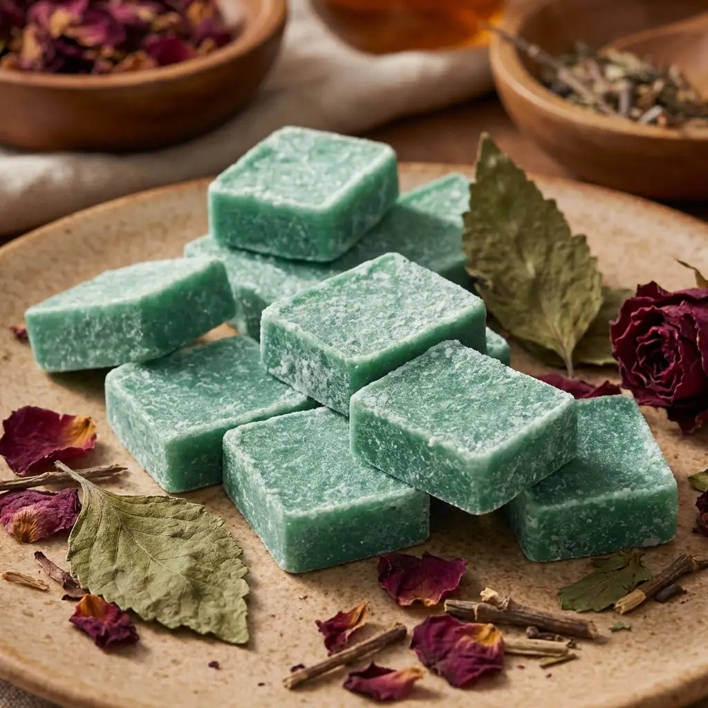 Carrés fondants patchouli HomeBreeze verts sur surface minimaliste avec pétales de rose