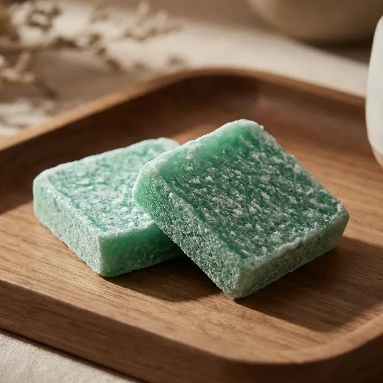 Carrés fondants patchouli HomeBreeze 50g sur surface en bois avec éclairage naturel