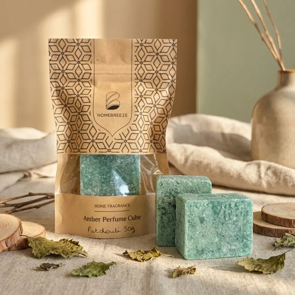Carrés fondants patchouli HomeBreeze 50g sur lin avec feuilles séchées