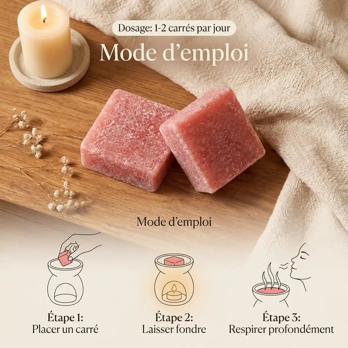 Carrés Fondants Rose HomeBreeze 50g avec guide d'utilisation en 3 étapes sur surface en bois