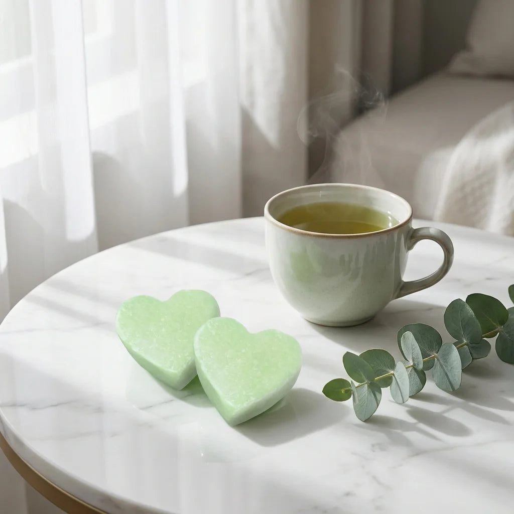 Carrés fondants thé vert cœur ByBazz 50g sur marbre blanc avec tasse de thé