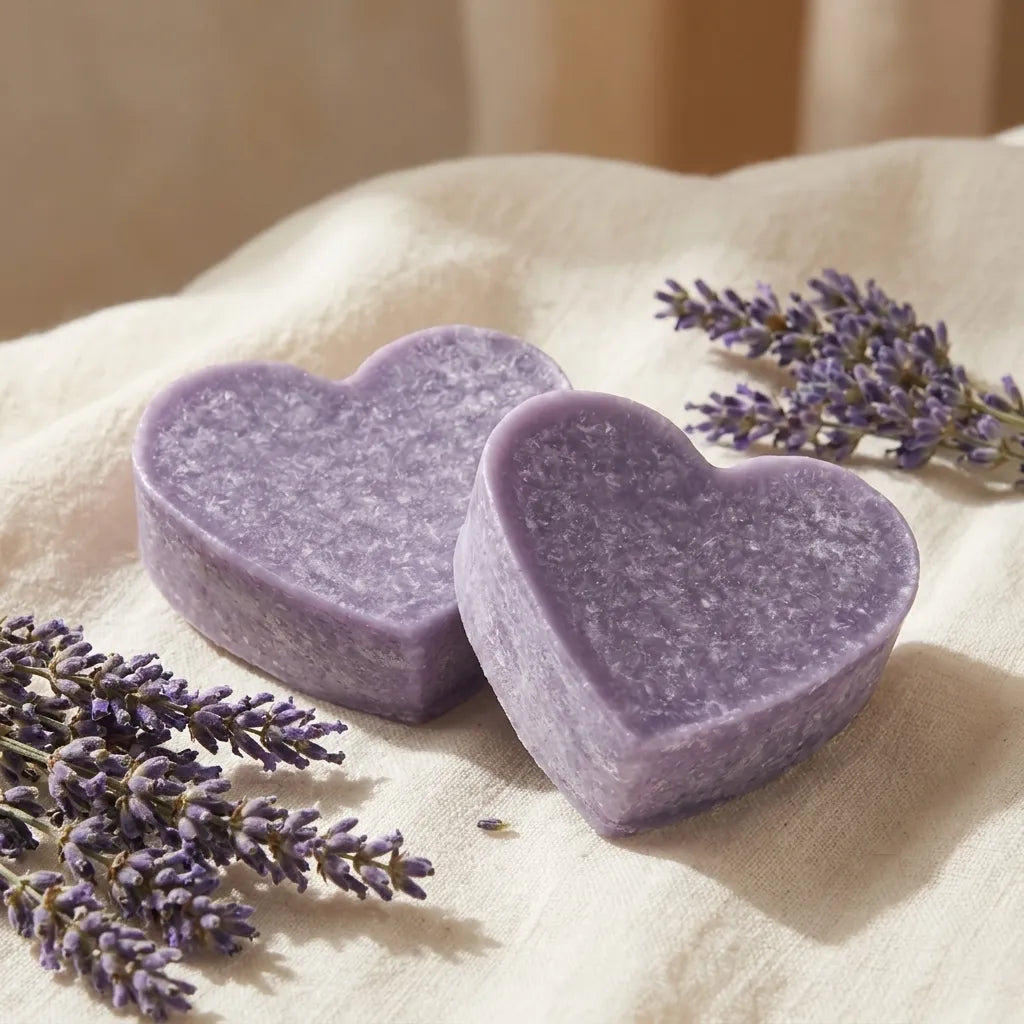 Carrés fondants violette cœur ByBazz 50g sur lin avec lavande séchée