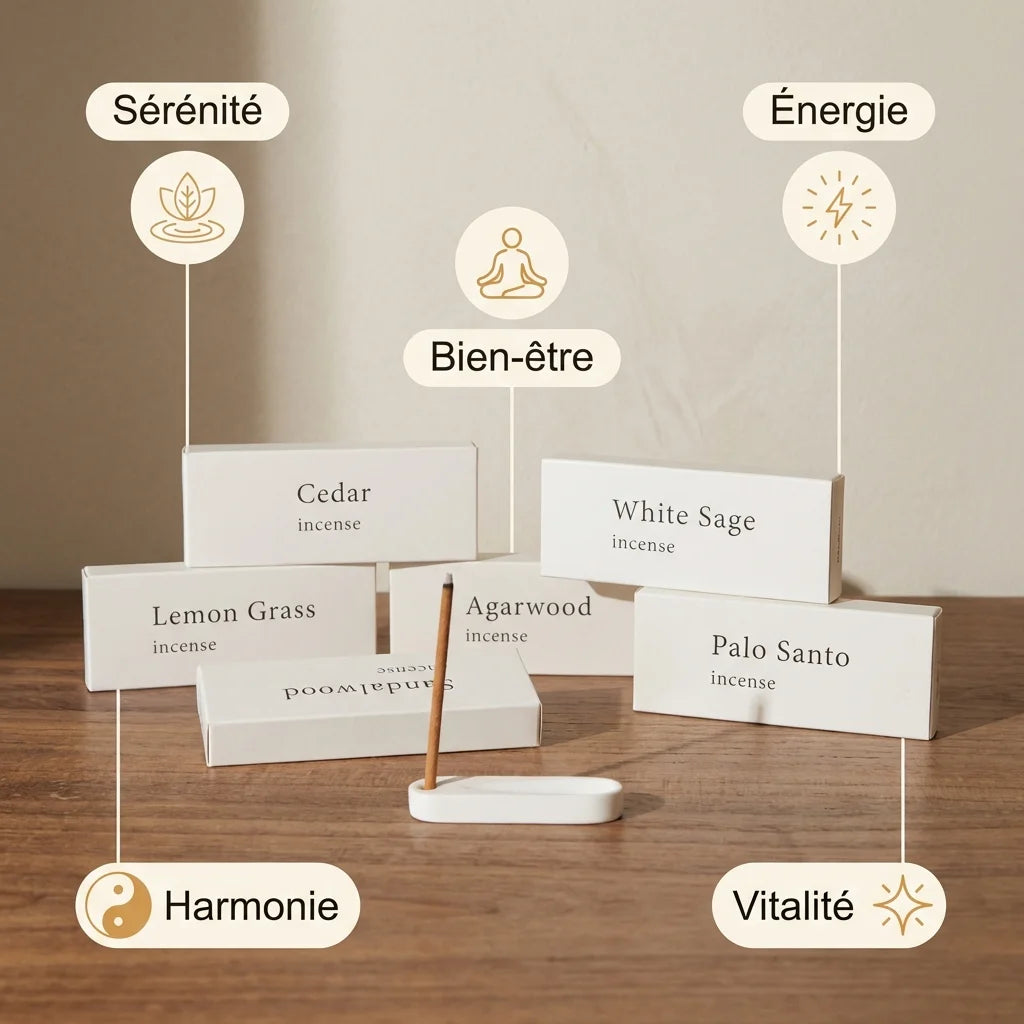 Coffret 10 mini bâtonnets encens 5 parfums avec porte-encens céramique et bénéfices bien-être