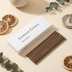 Coffret 10 mini bâtonnets encens citronelle, packaging blanc bois naturel, ambiance wellness aromathérapie