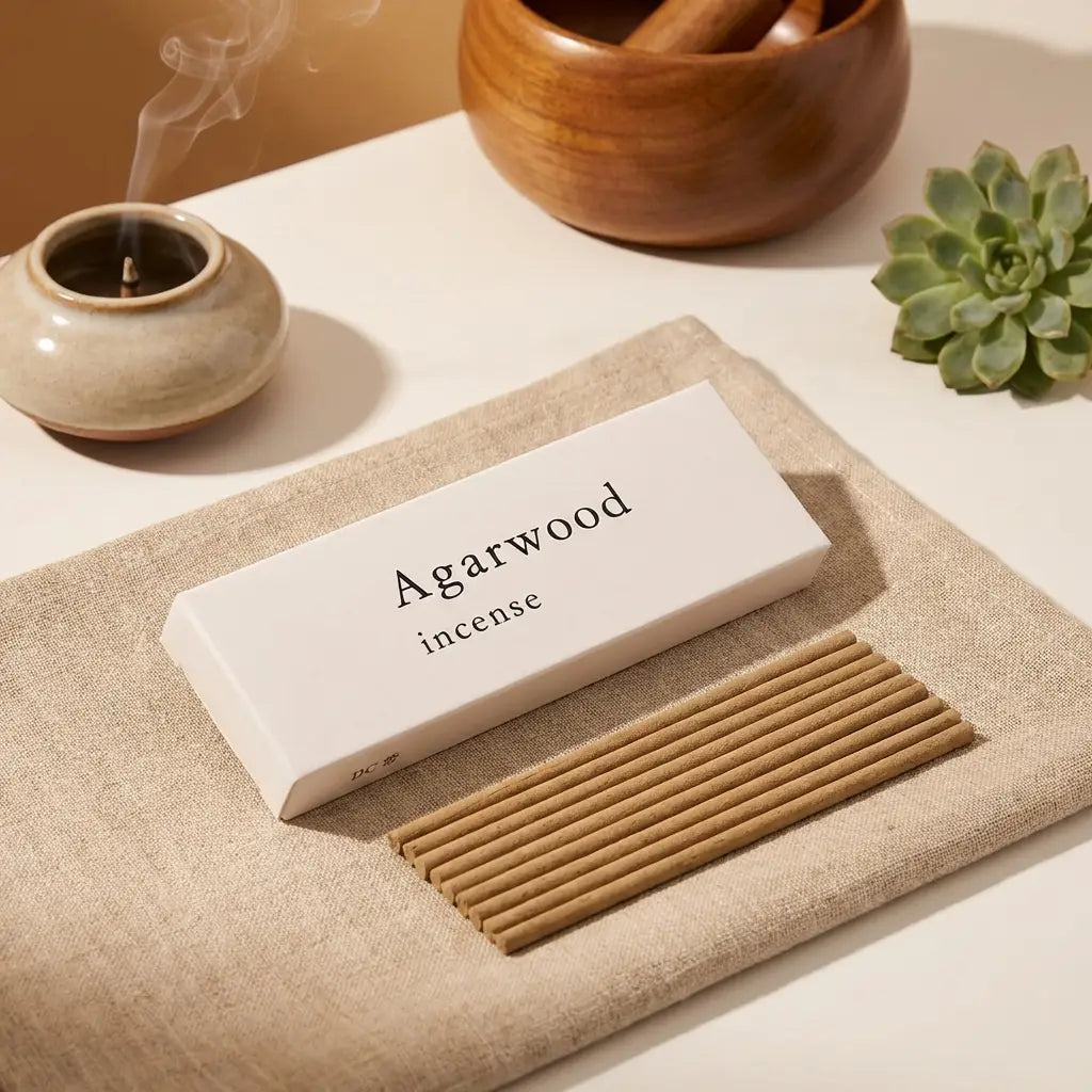 Coffret 10 mini bâtonnets encens 5 parfums avec packaging beige sur surface blanche