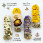 Coffret Veegreen 4 Sauges Immortelles blanches avec fleurs jaunes et violettes pour purification énergétique