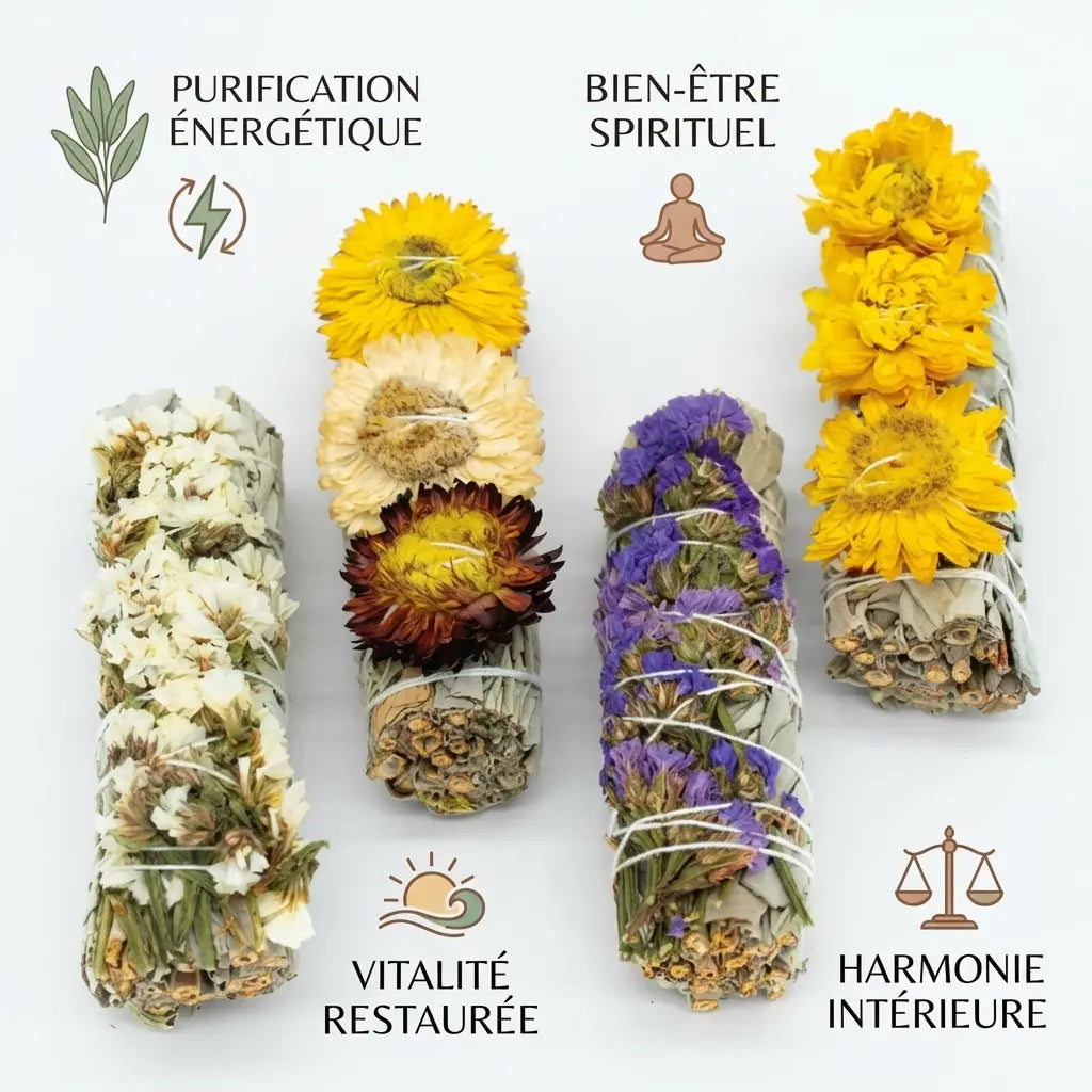 Coffret Veegreen 4 Sauges Immortelles blanches avec fleurs jaunes et violettes pour purification énergétique