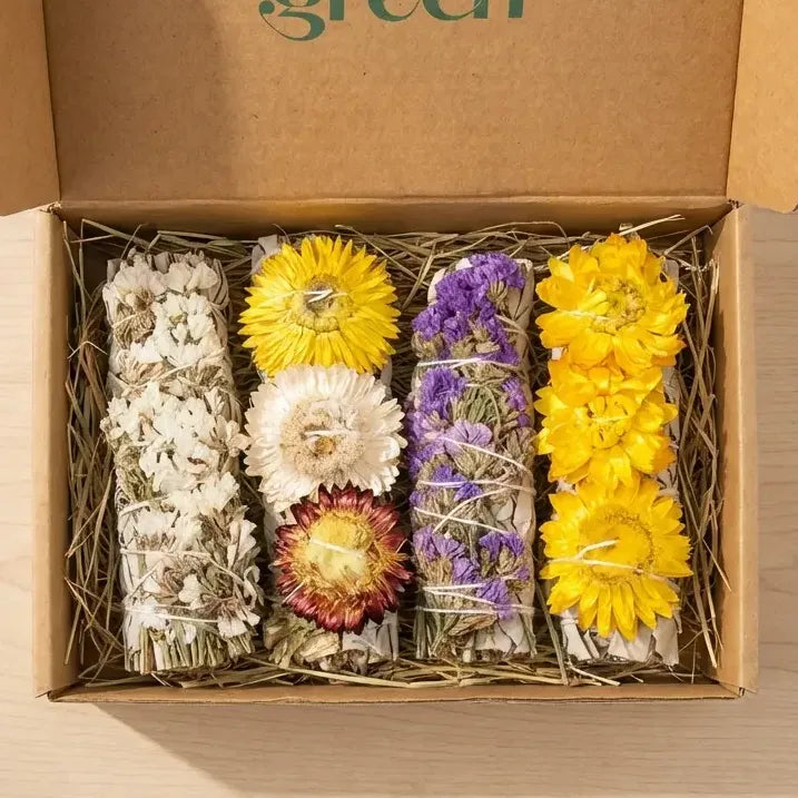 Coffret Veegreen 4 sauges immortelles - fleurs séchées jaunes, pourpres et blanches