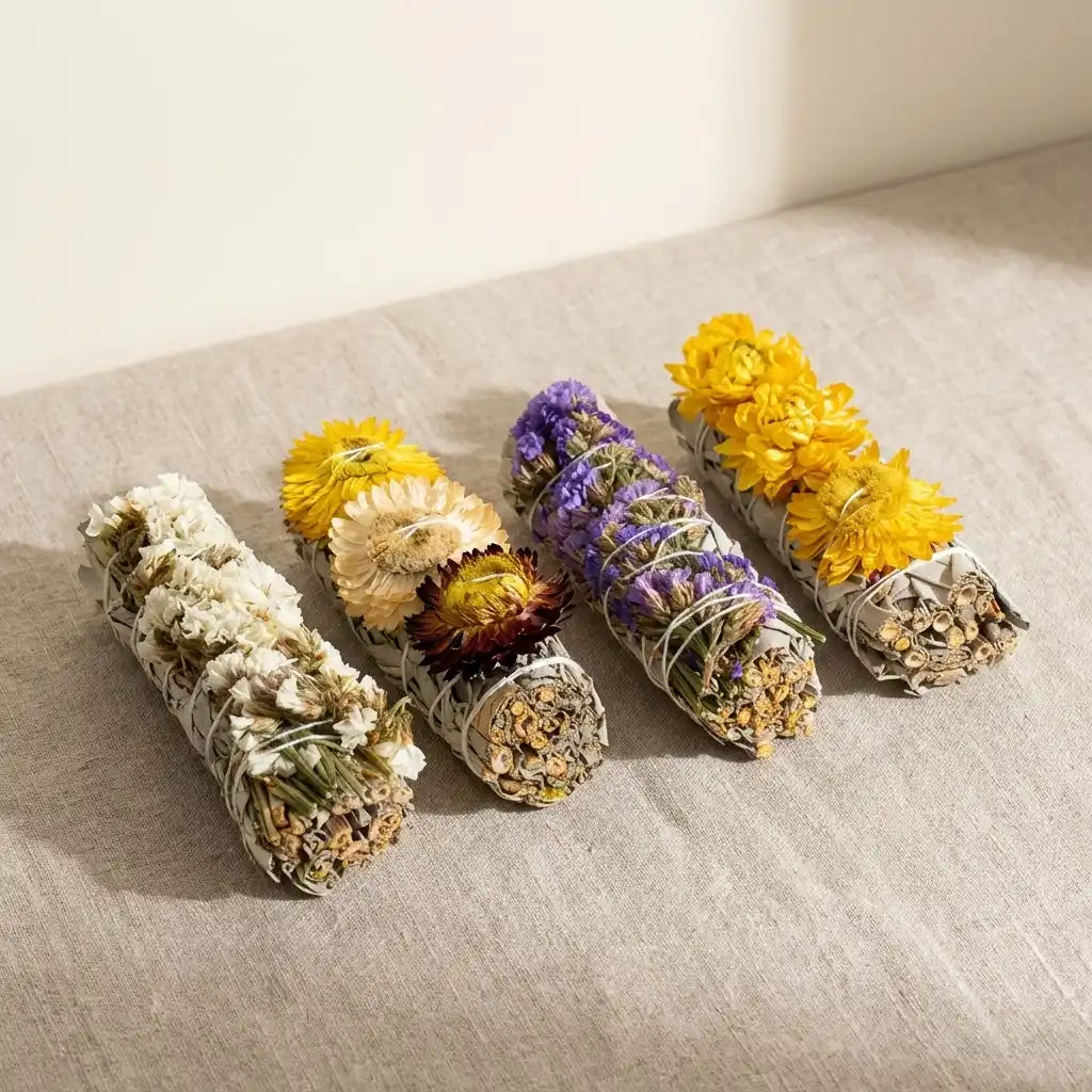 Coffret 4 sauges immortelles Veegreen - Faisceaux de sauge blanche, crème, bordeaux et violette