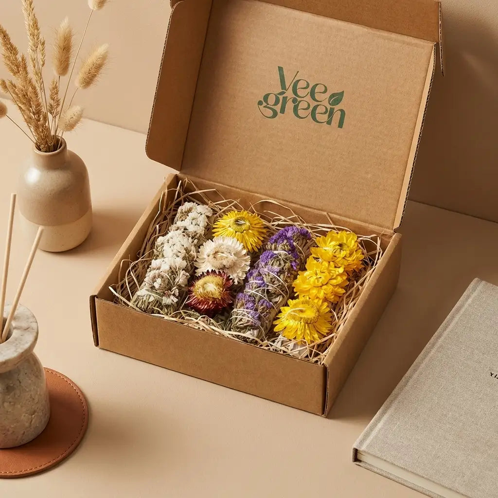 Coffret cadeau Veegreen 4 sauges immortelles séchées jaune, violet, blanc et bourgogne