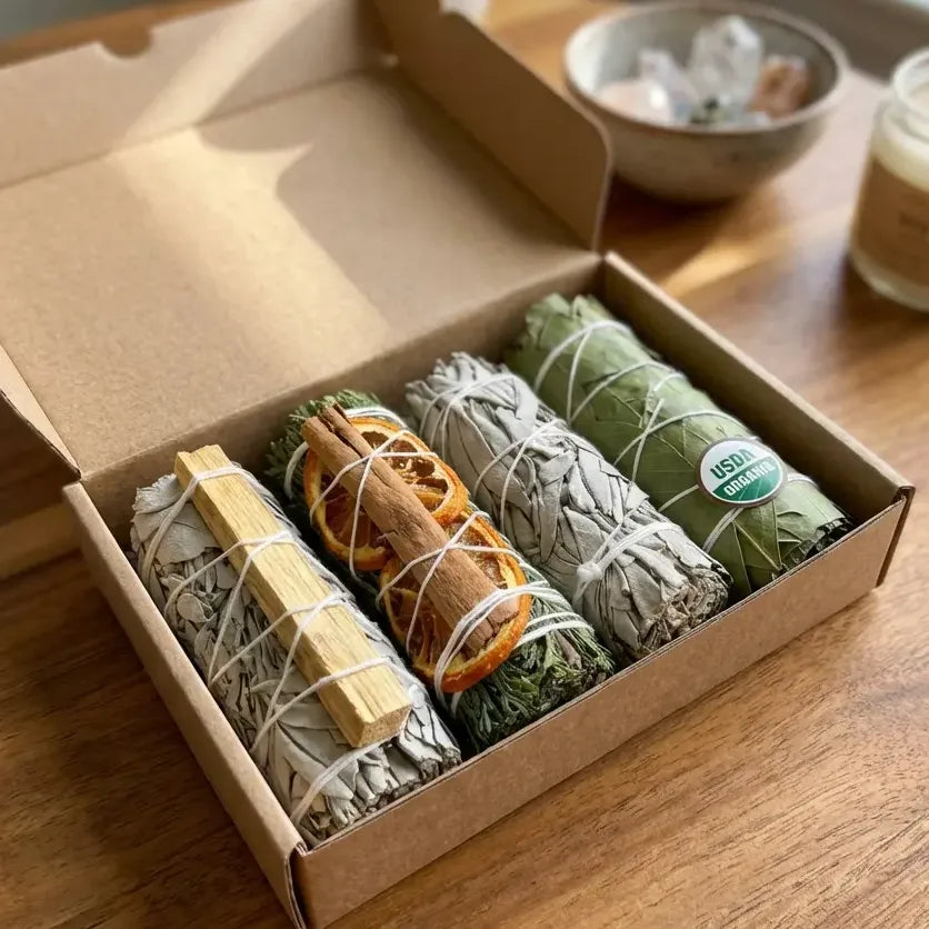 Coffret mix 4 encens de sauge de purification à brûler dans boîte kraft ouverte