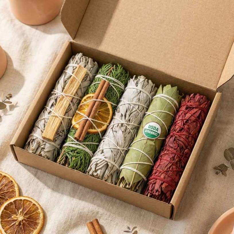 Coffret Mix 5 Encens de Sauge de Purification avec herbes séchées et éléments naturels
