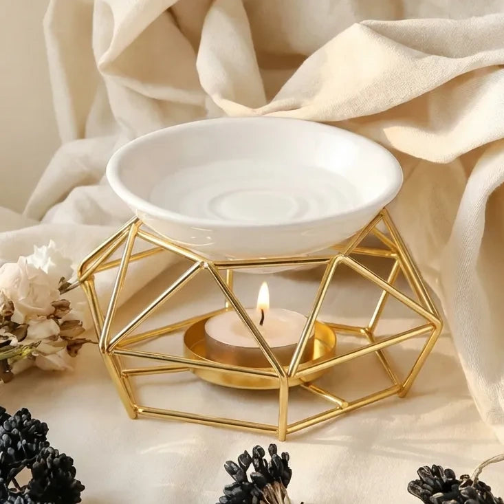 Diffuseur aromatique doré en céramique avec bol blanc, décoration luxe minimaliste