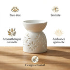 Diffuseur céramique artisanal Aura Senteur motif fleurs avec bénéfices bien-être et aromathérapie