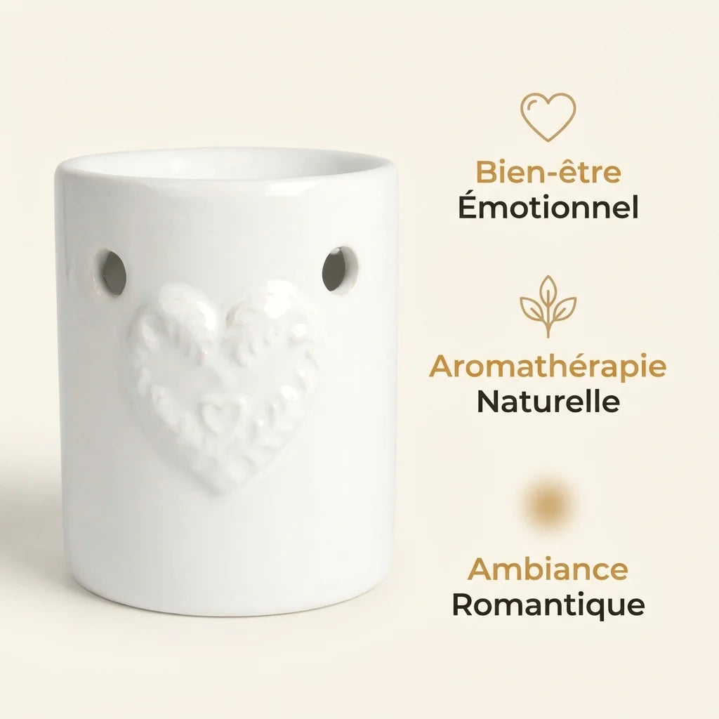Diffuseur cire parfumée cœur blanc design romantique avec bénéfices aromathérapie